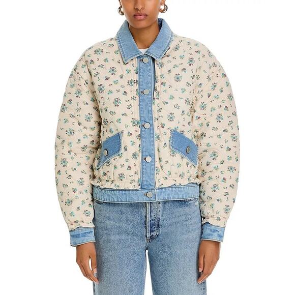 BlankNYC Women Ivory Floral Denim Quilted Oversize Bomber Jacket Size XS - Picture 1 of 7